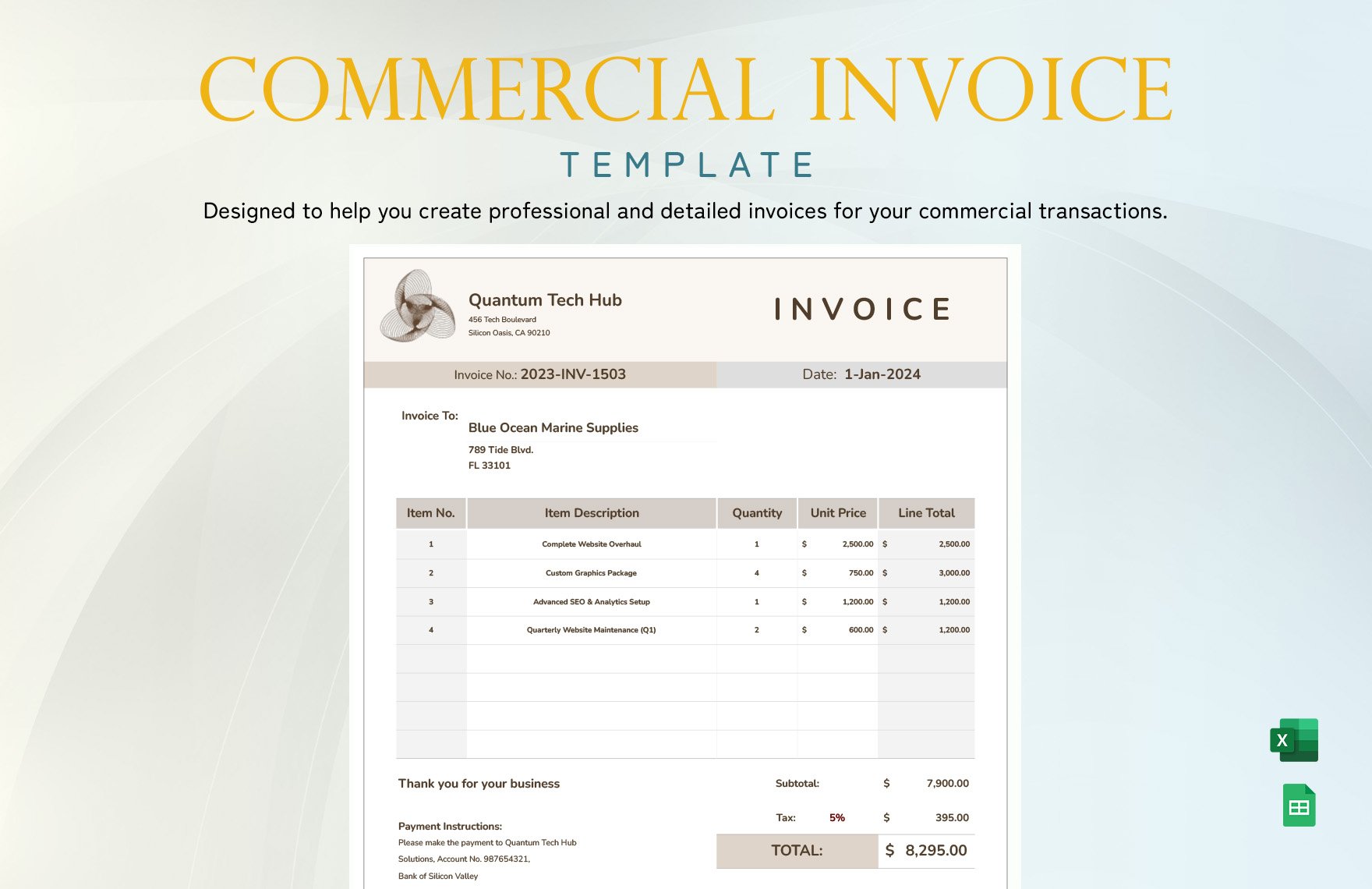 Free Commercial Invoice Template in Excel, Google Sheets