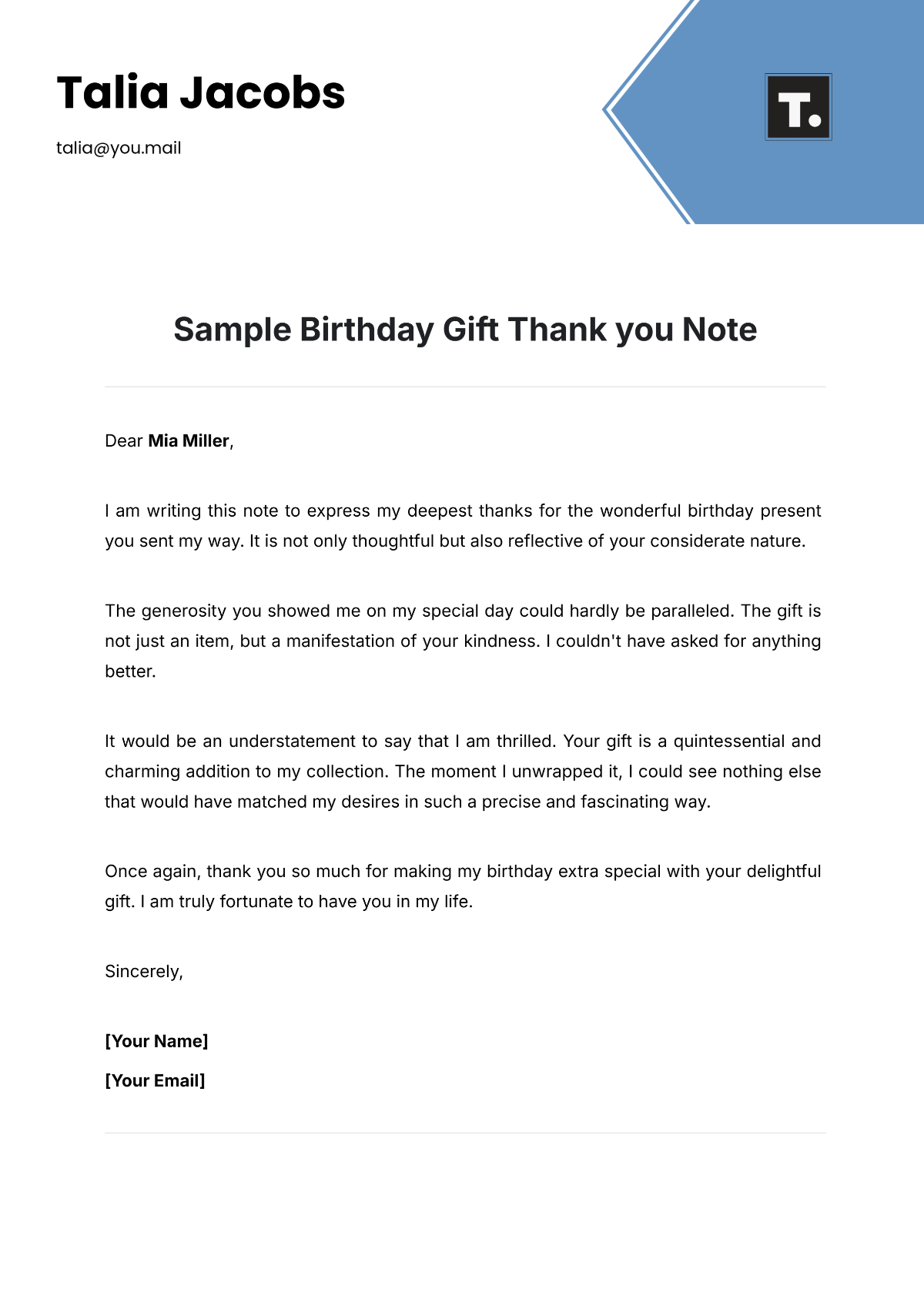 Sample Birthday Gift Thank you Note Template