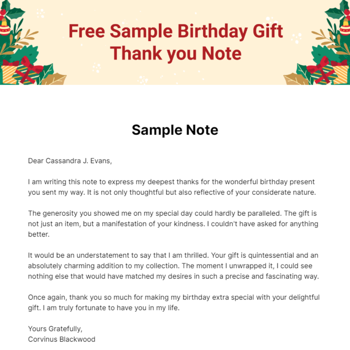 Sample Birthday Gift Thank you Note Template