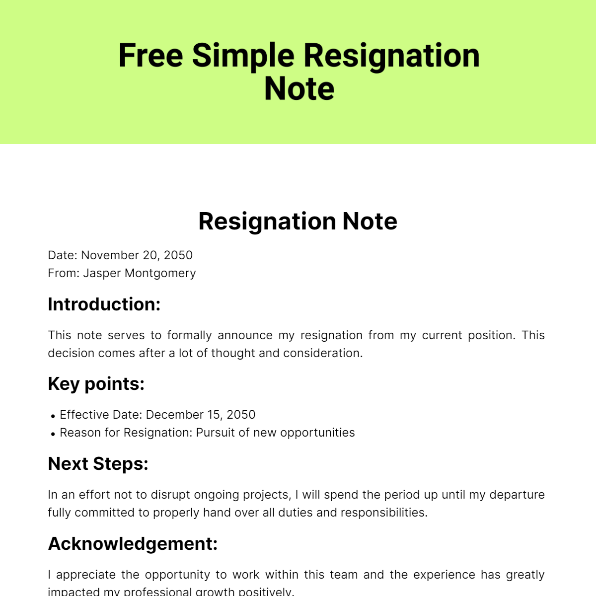 Simple Resignation Note Template