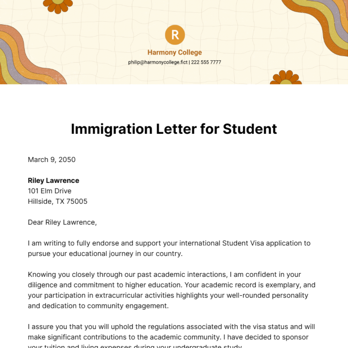 Free Immigration Letter for Student Template