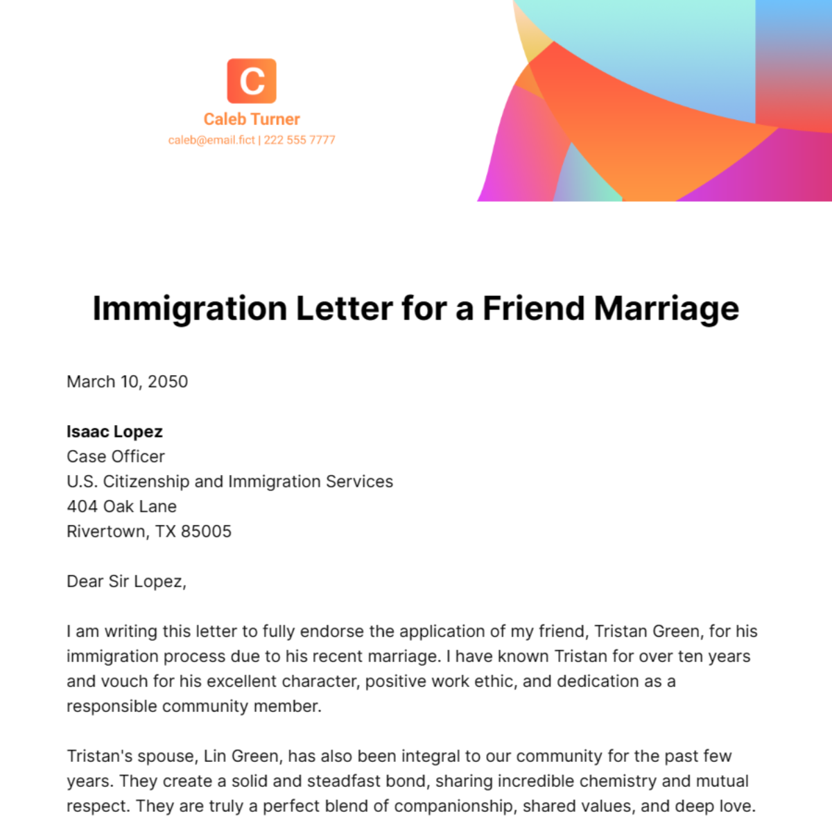 Free Immigration Letter for a Friend Marriage Template