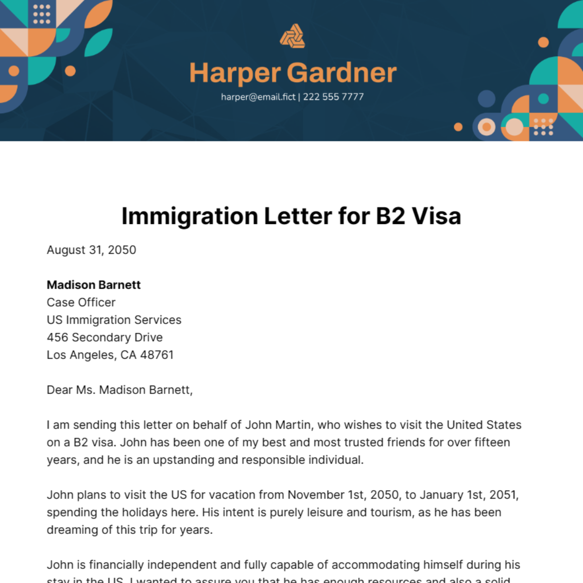 Free Immigration Letter for B2 Visa Template