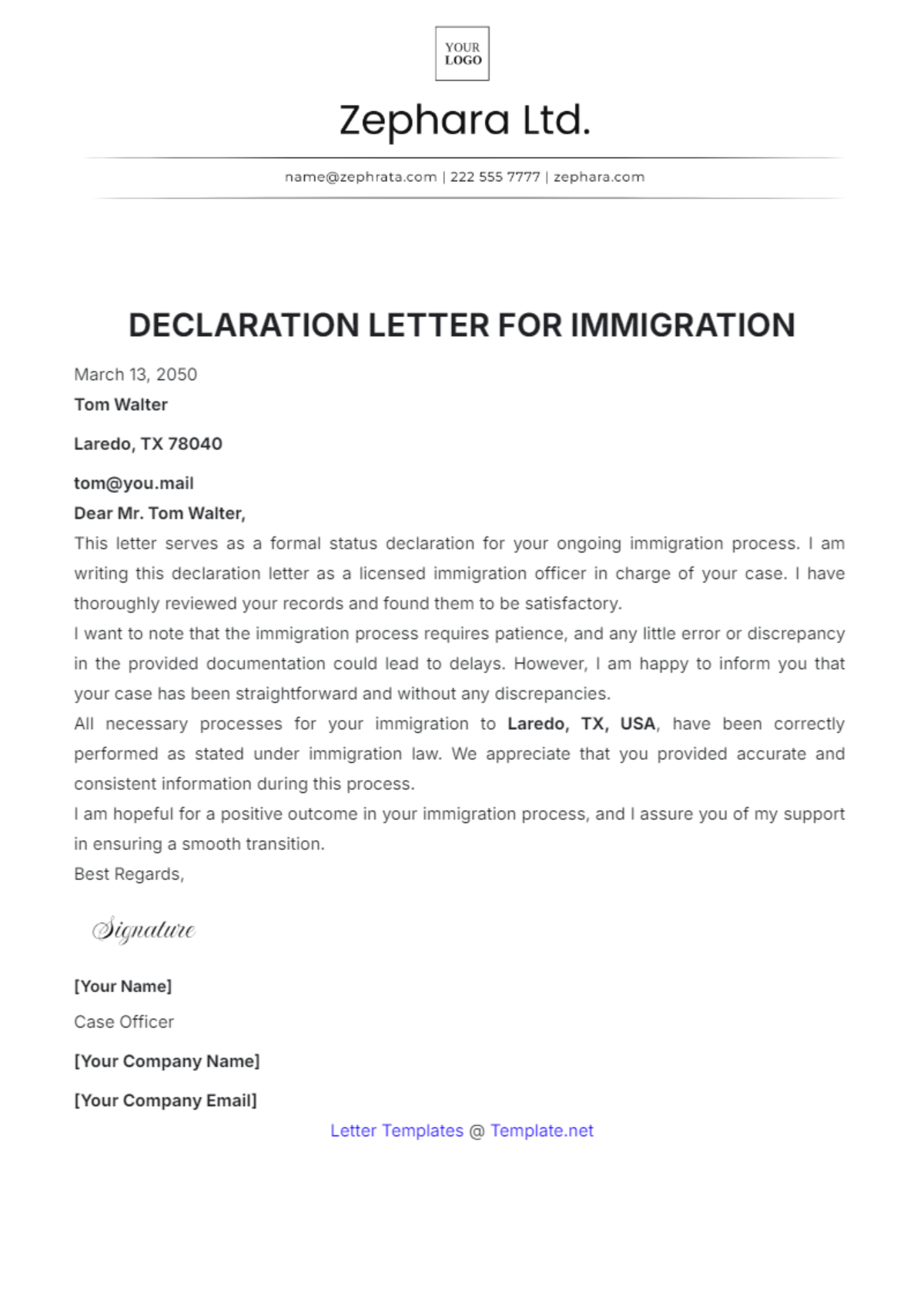 Declaration Letter for Immigration Template