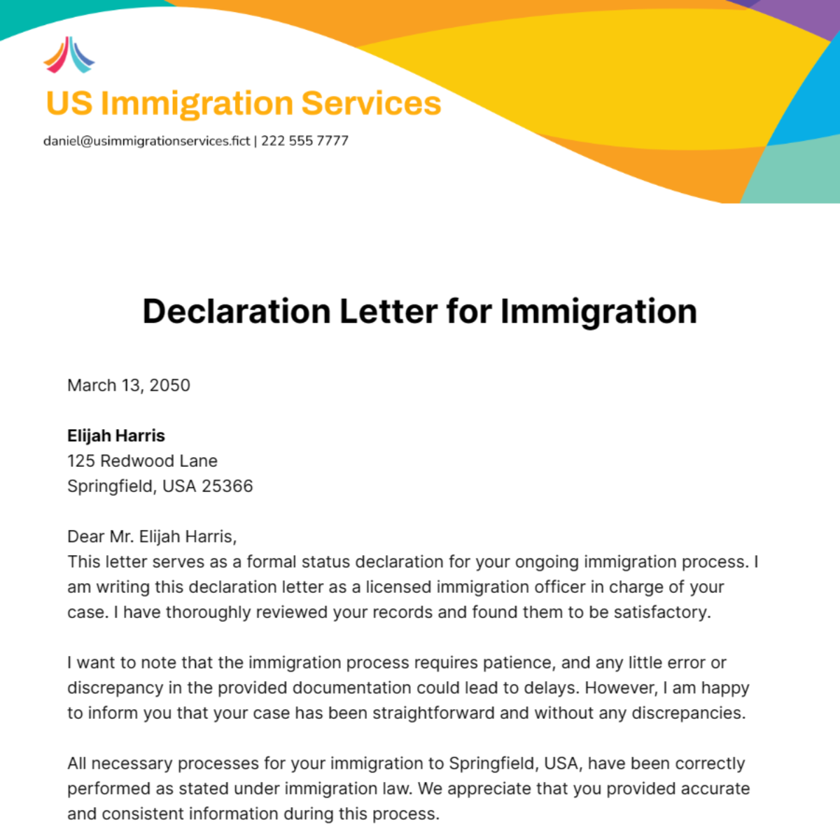 Declaration Letter for Immigration Template