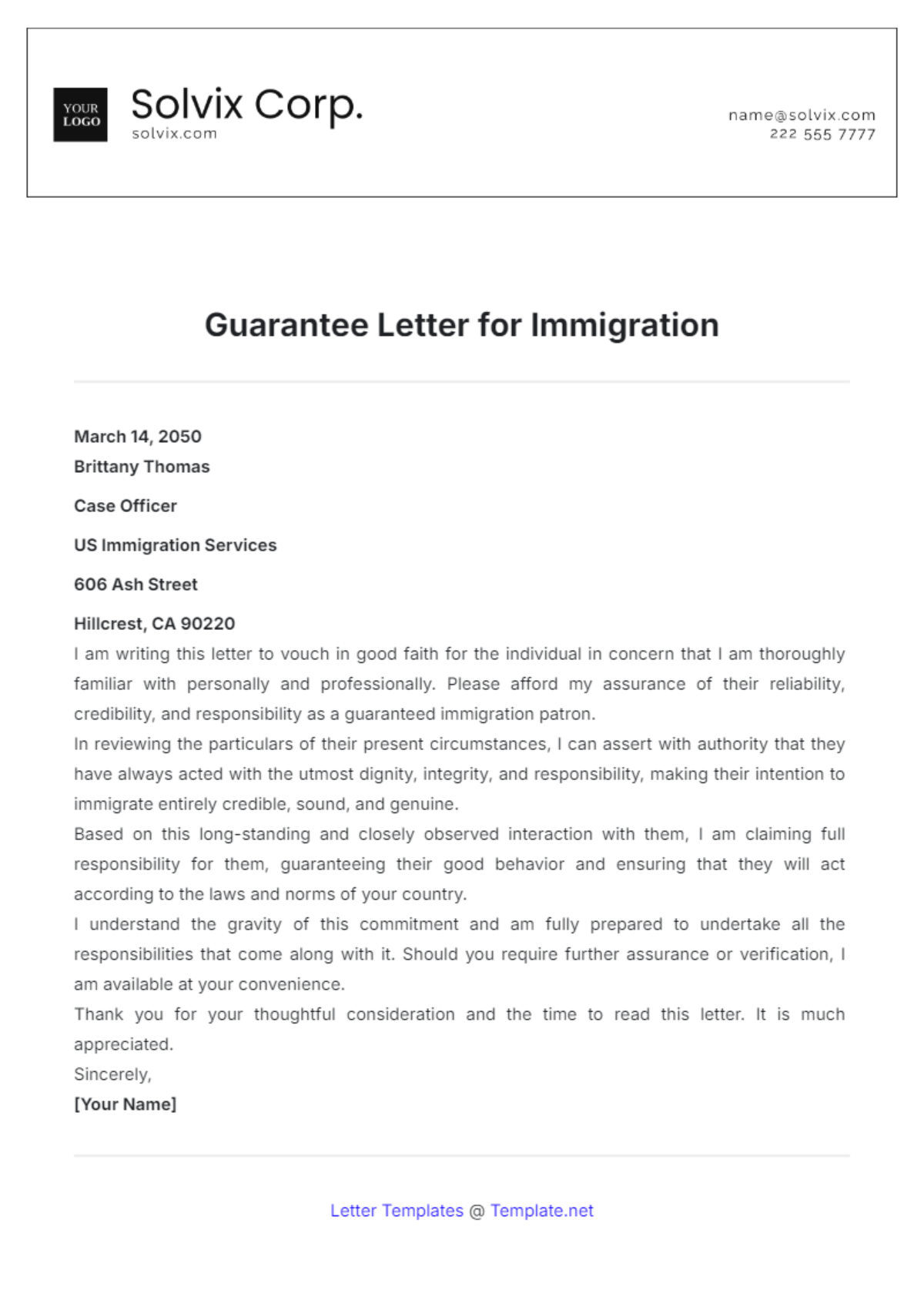 Free Guarantee Letter for Immigration Template