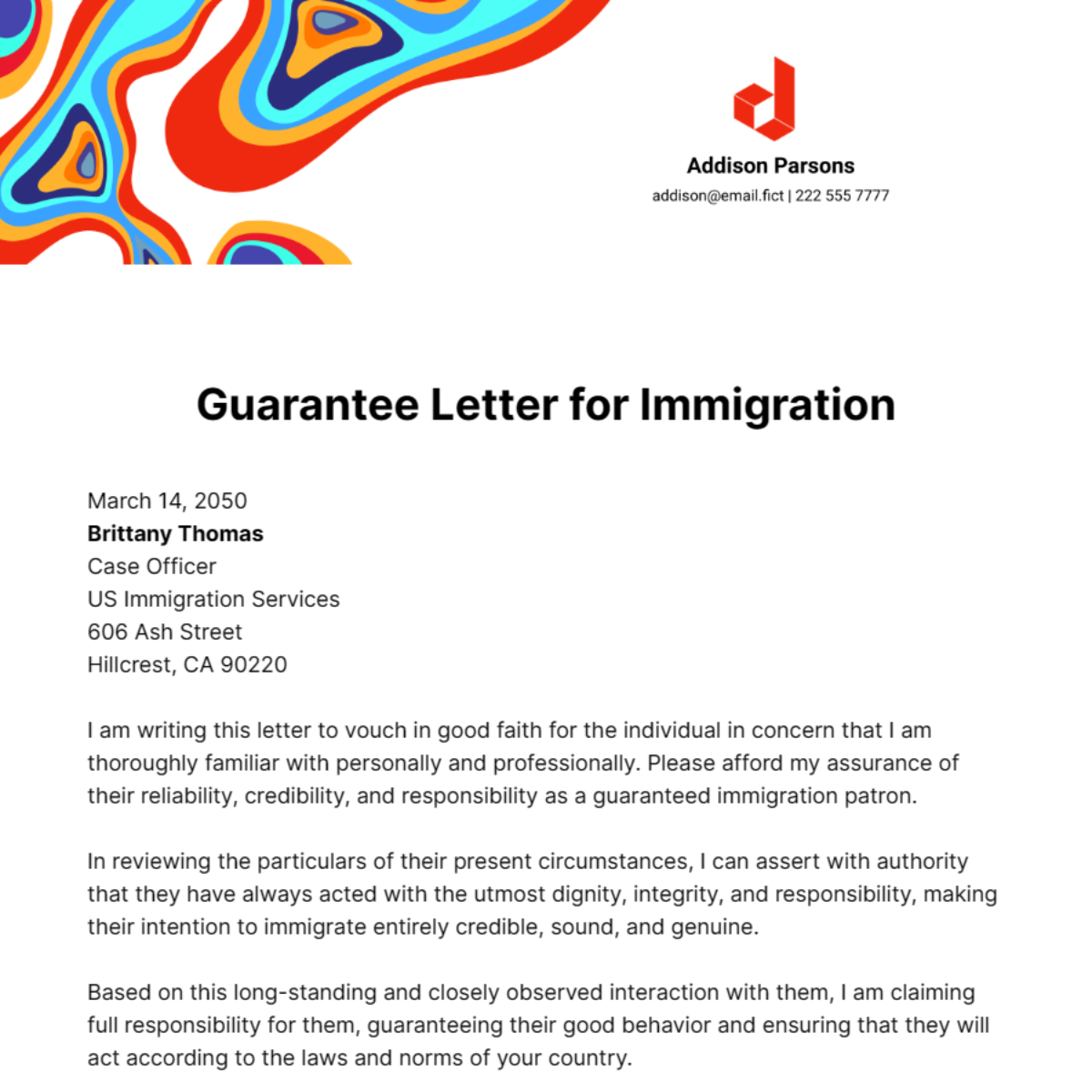 Free Guarantee Letter for Immigration Template