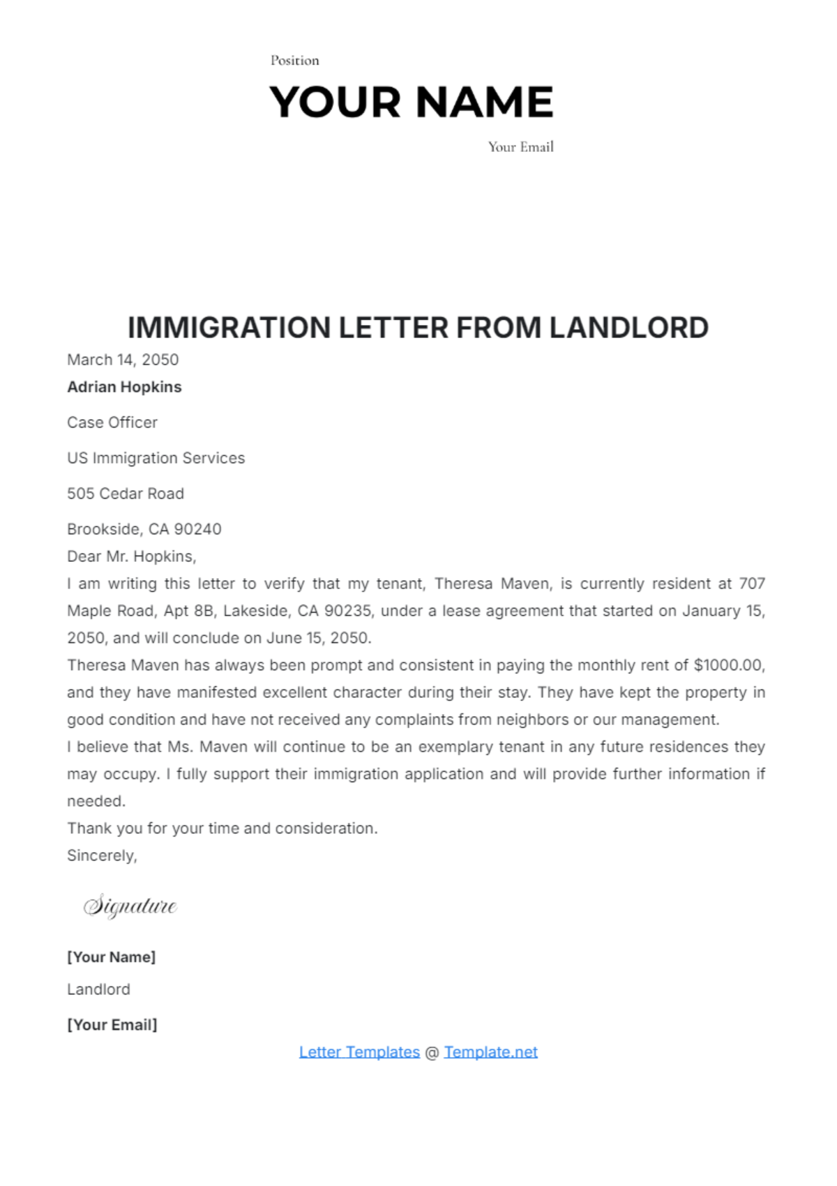 Free Immigration Letter from Landlord Template