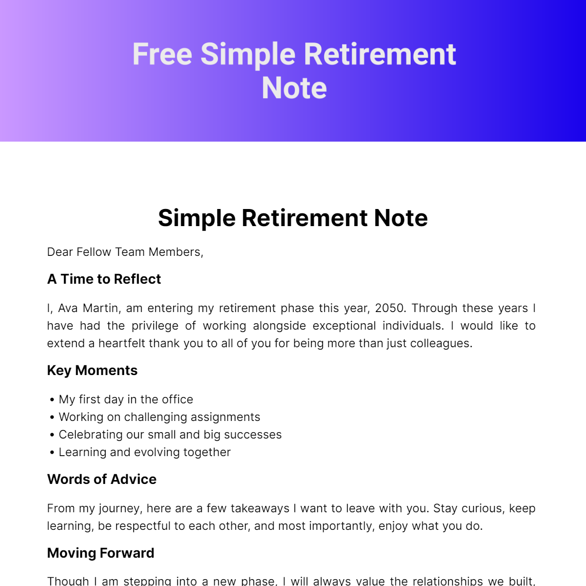 Simple Retirement Note Template