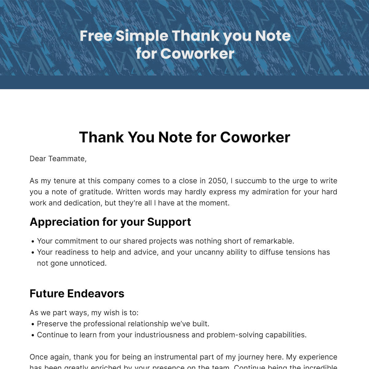 Simple Thank you Note for Coworker Template