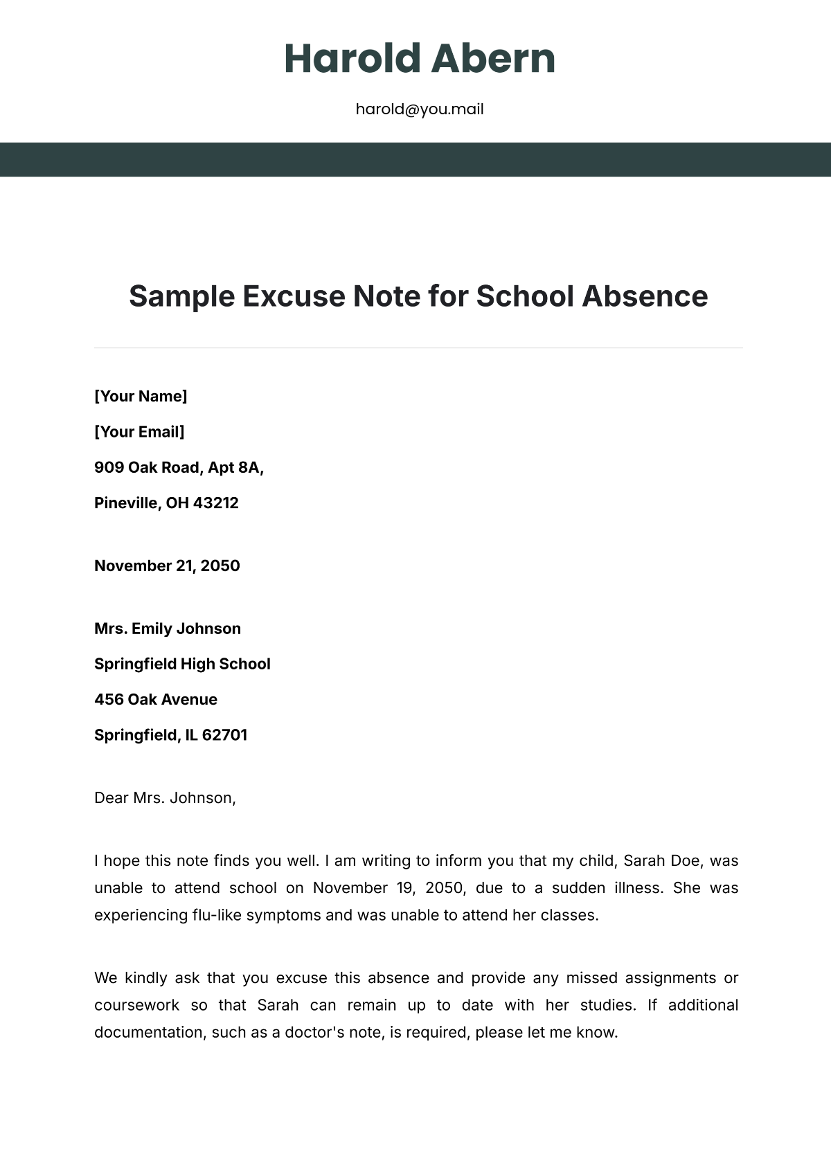 Sample Excuse Note for School Absence Template