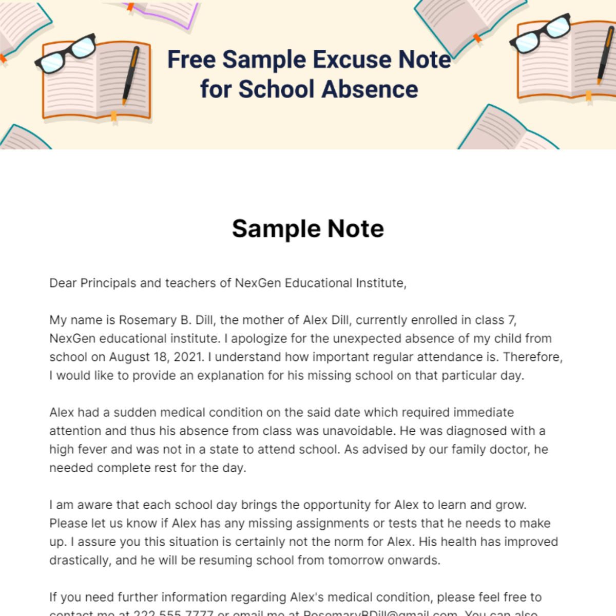 Free Sample Excuse Note for School Absence Template