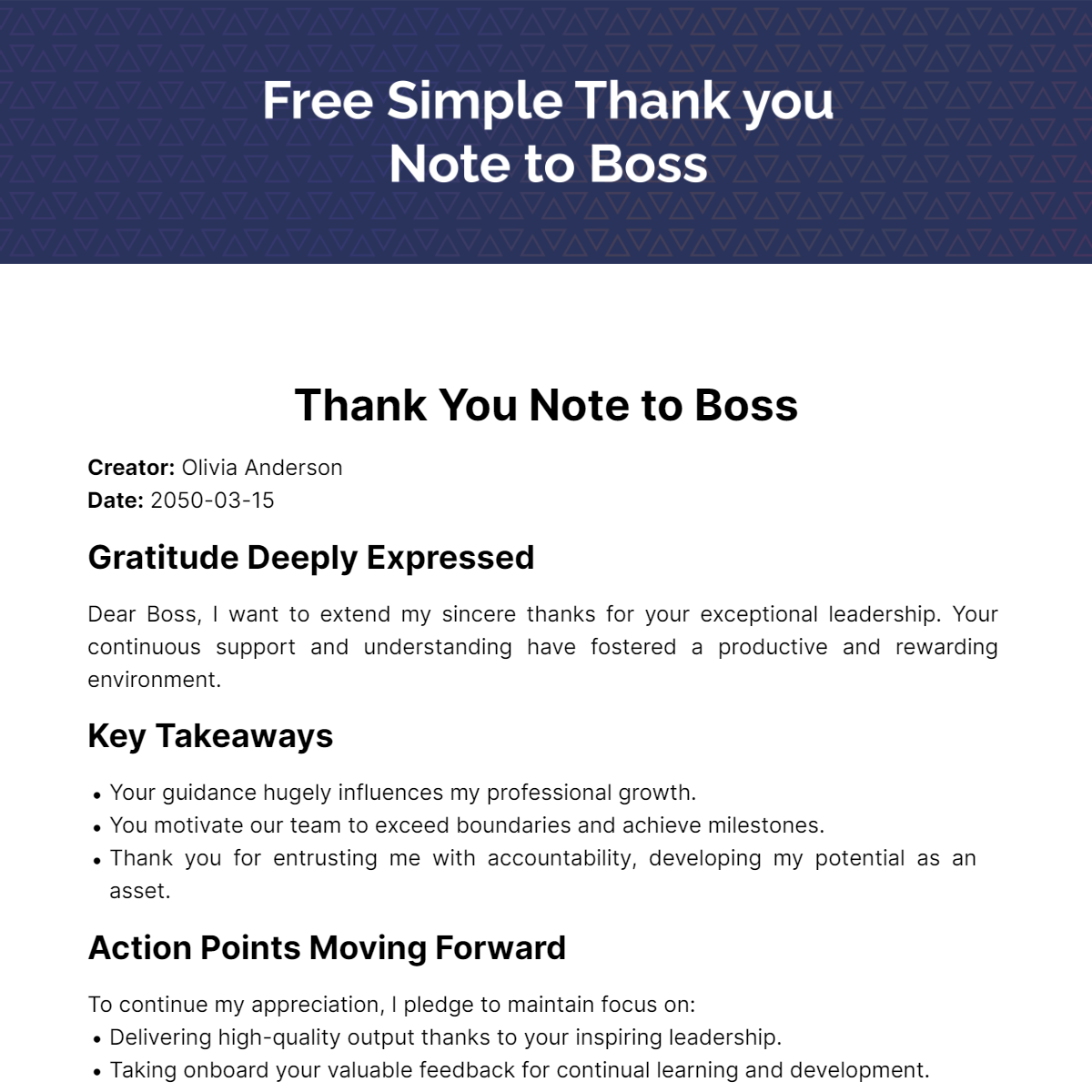 Simple Thank you Note to Boss Template