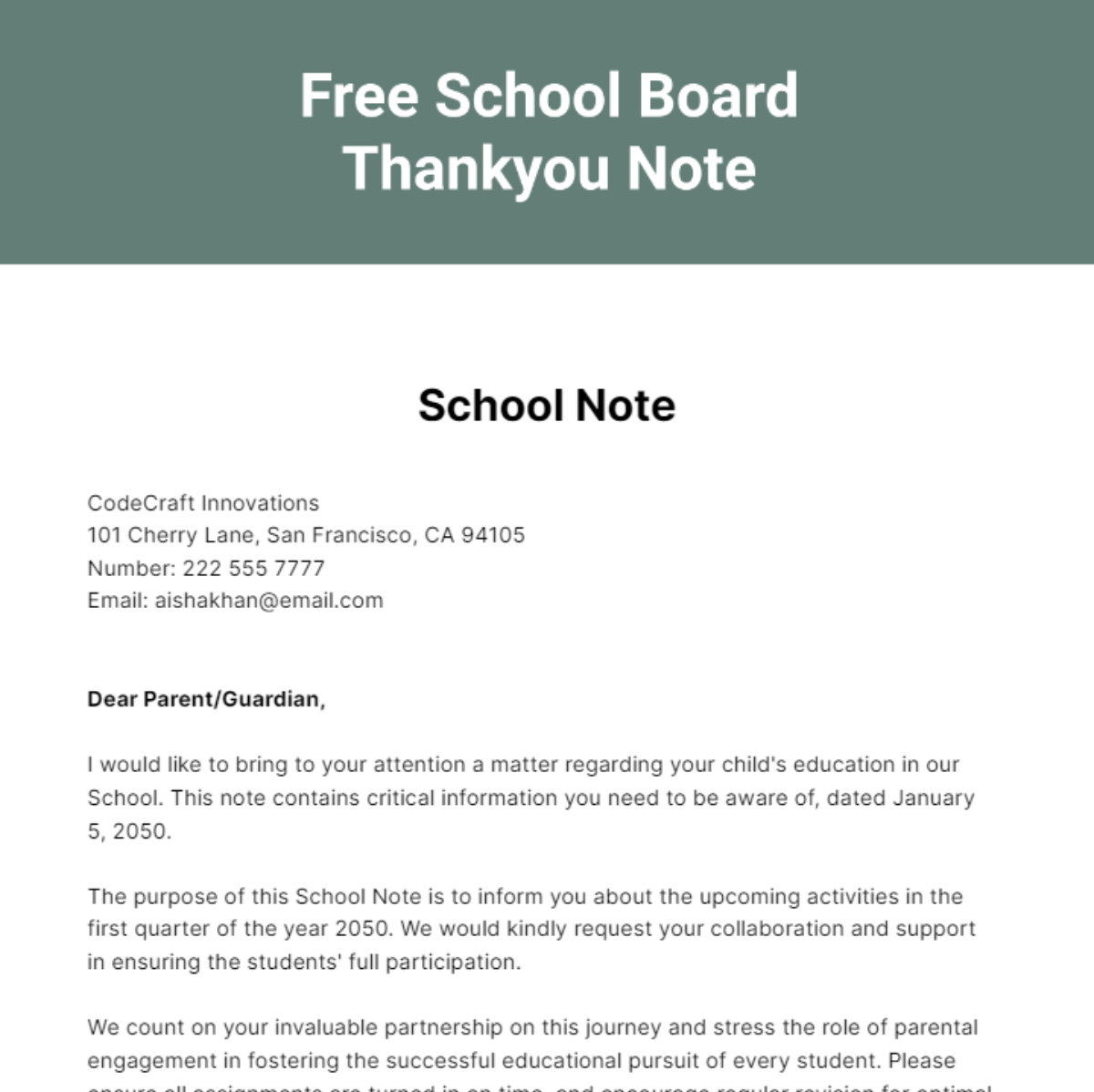 Free School Board Thankyou Note Template