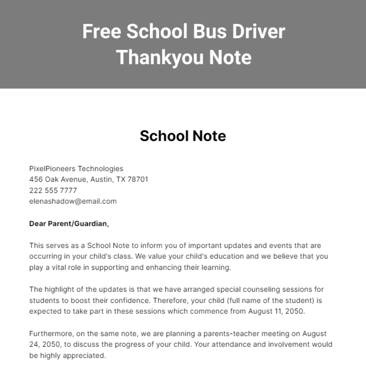 Free School Bus Driver Thankyou Note Template