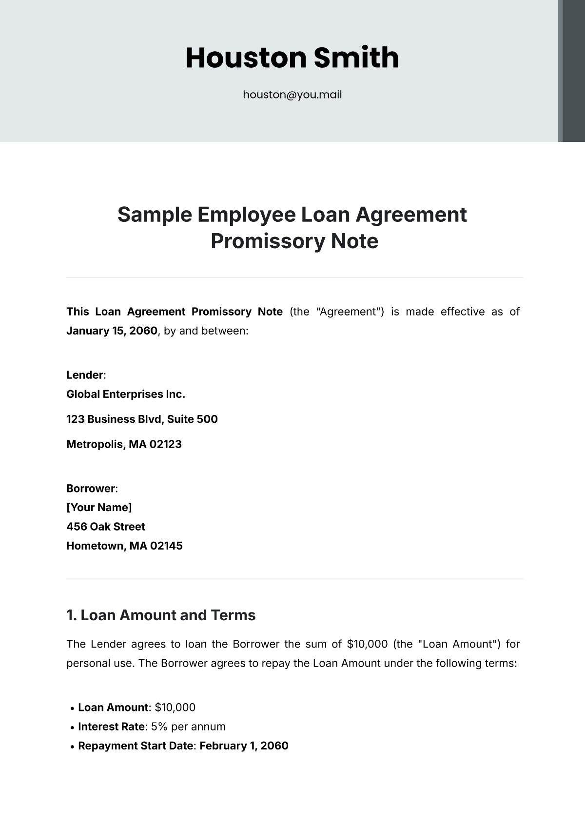 Sample Employee Loan Agreement Promissory Note Template