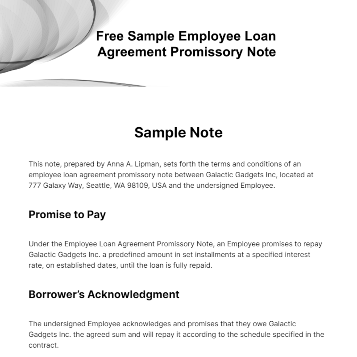 Free Sample Employee Loan Agreement Promissory Note Template