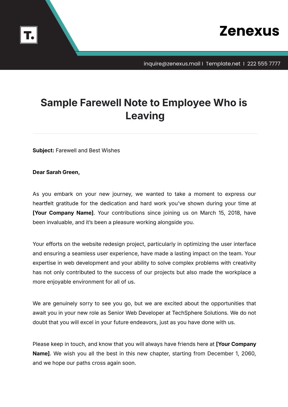 Sample Farewell Note to Employee Who is Leaving Template