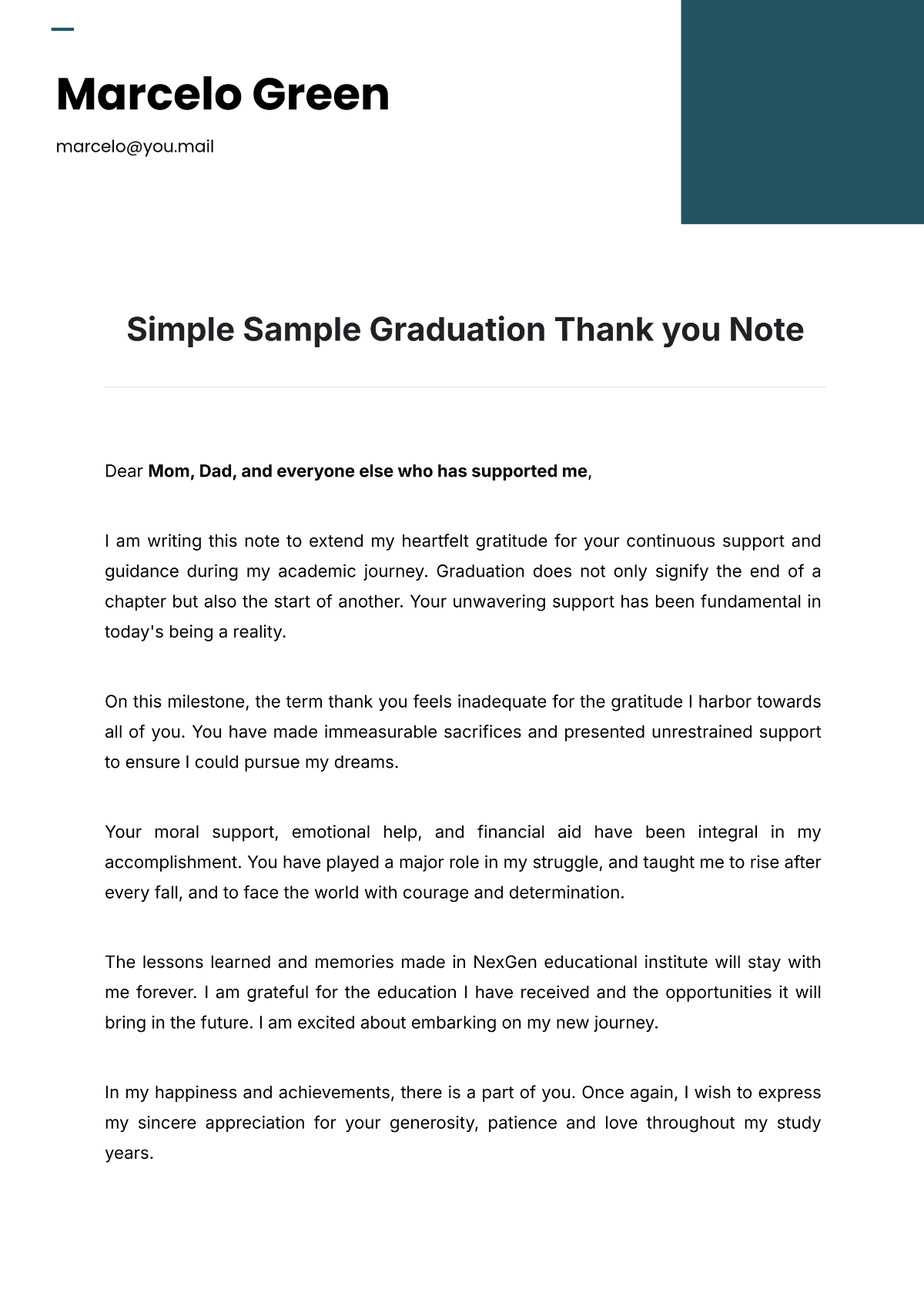 Simple Sample Graduation Thank you Note Template