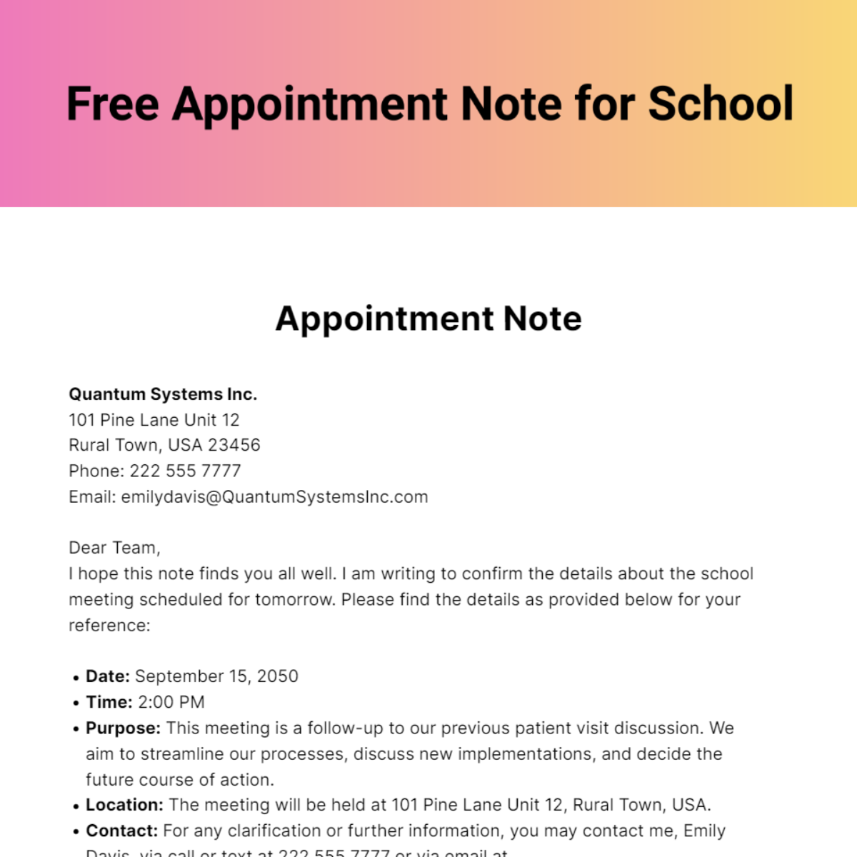 Appointment Note for School Template