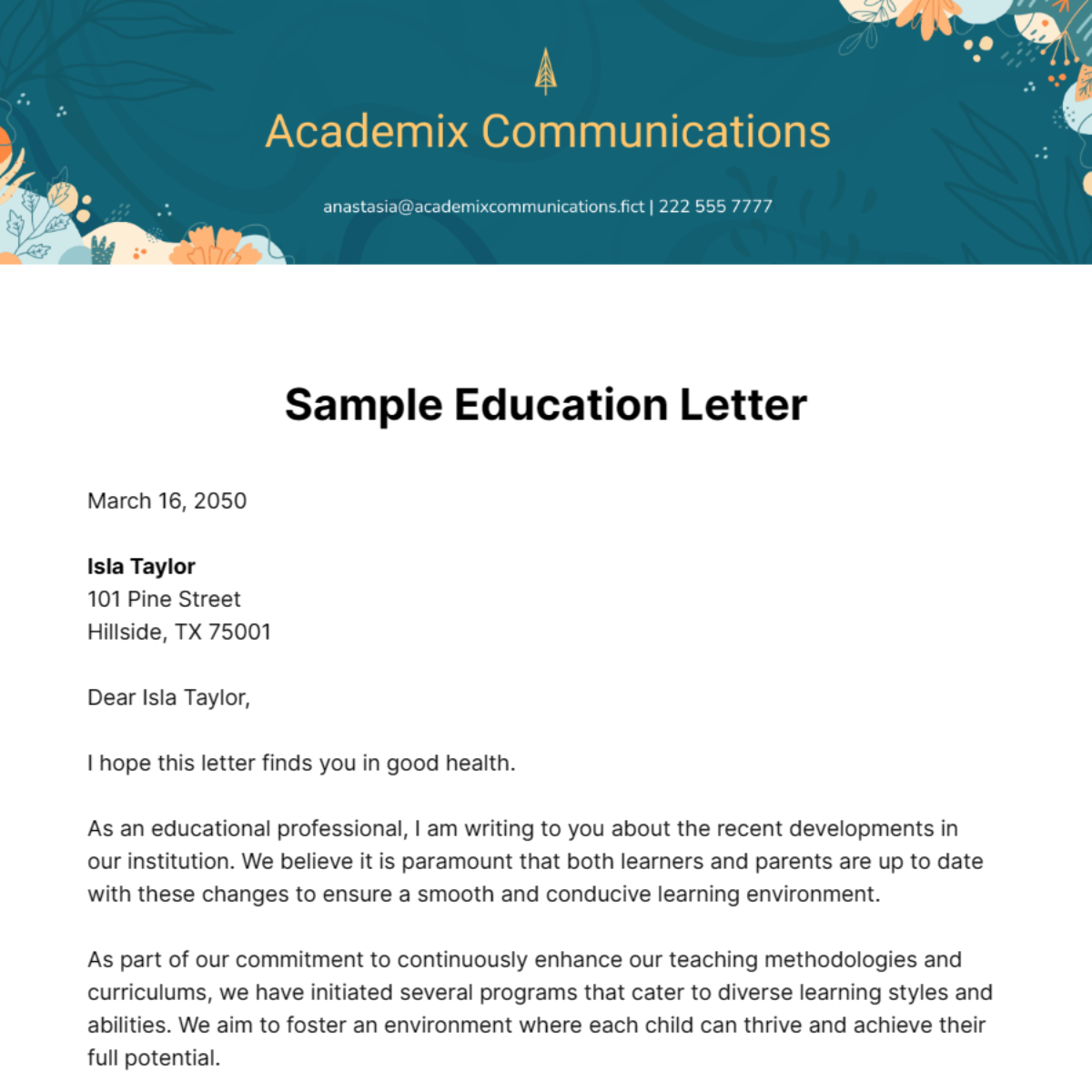 Sample Education Letter Template