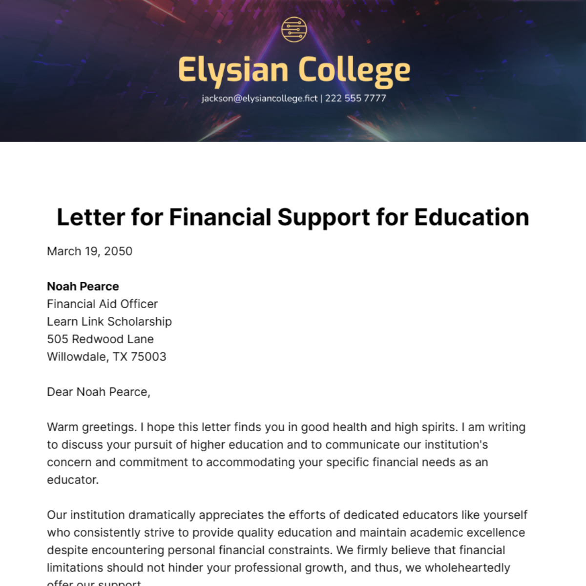 Letter for Financial Support for Education Template