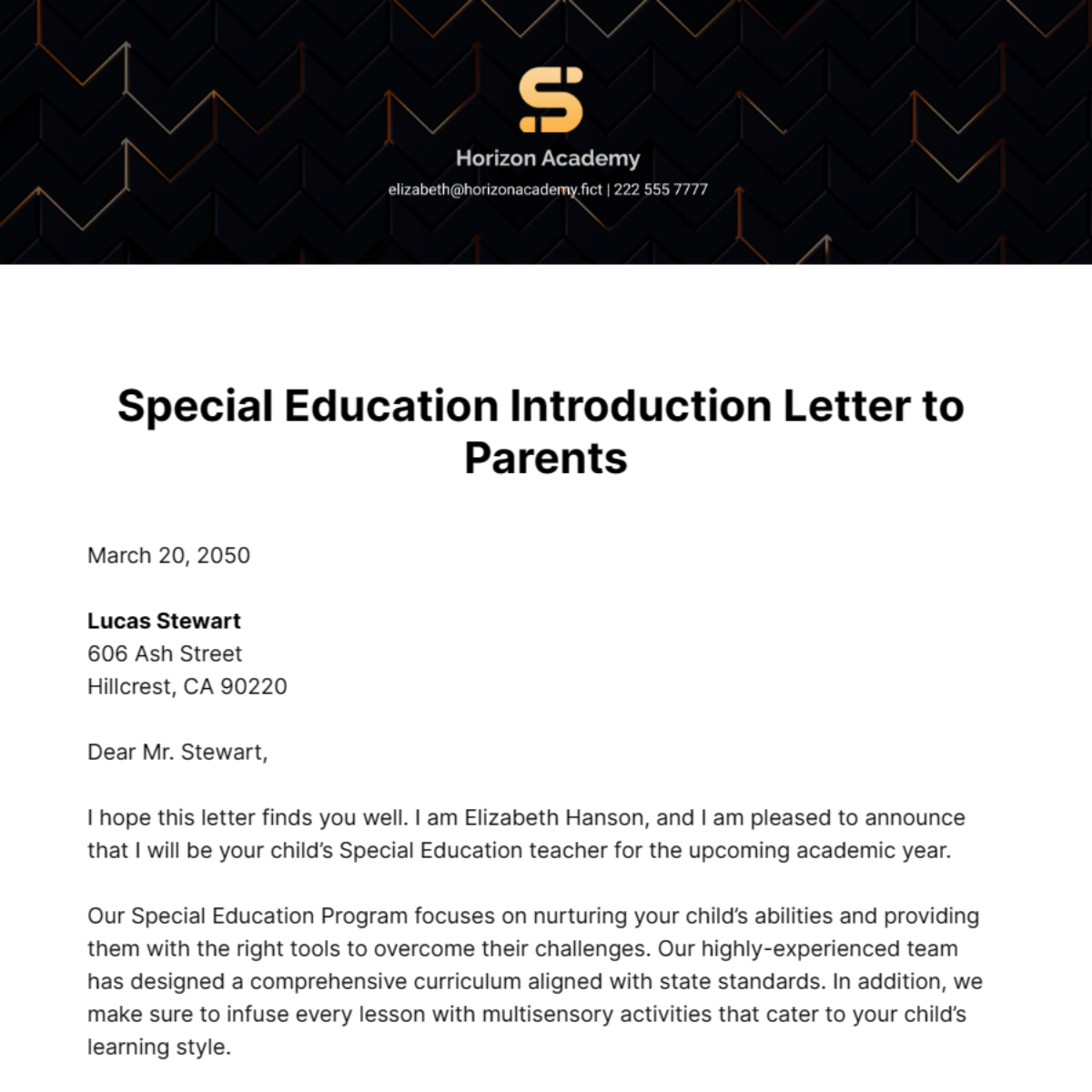 Special Education Introduction Letter to Parents Template
