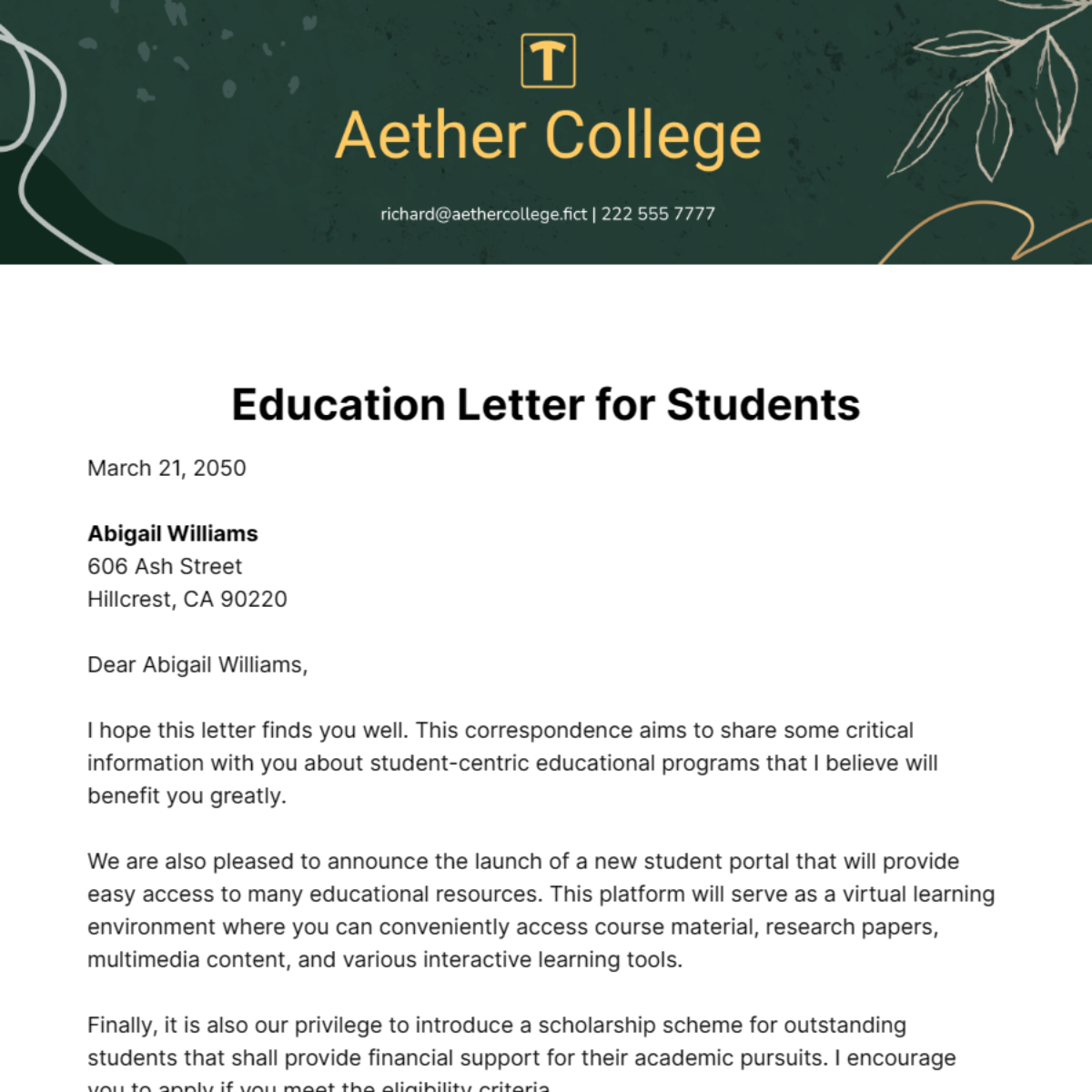 Education Letter for Students Template