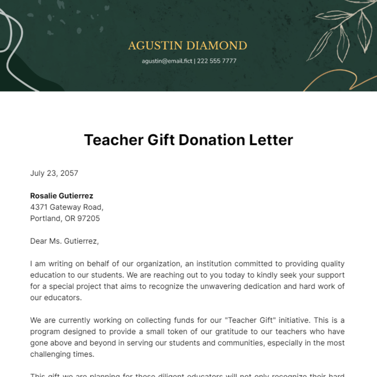 Teacher Gift Donation Letter Template