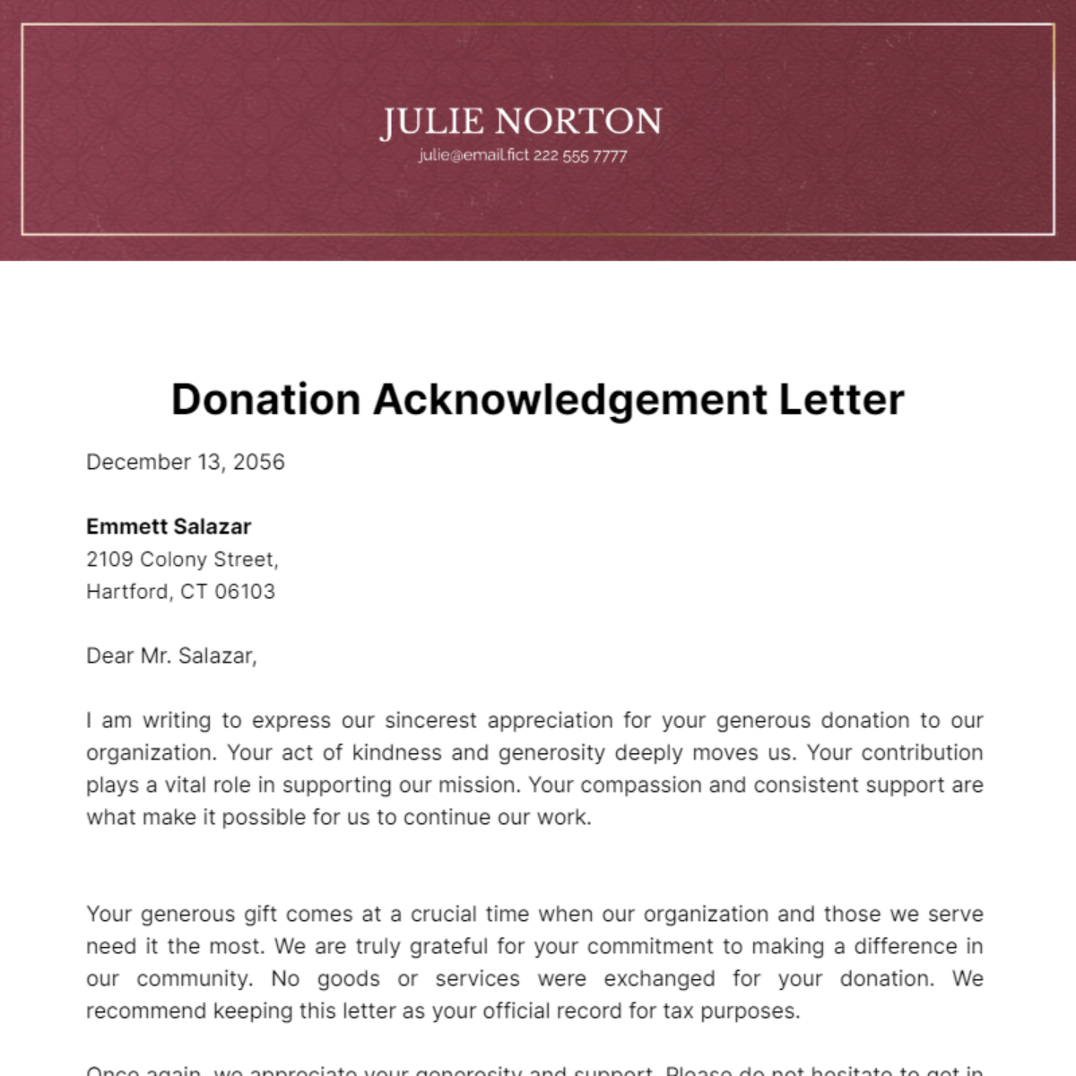Free Donation Acknowledgement Letter Template
