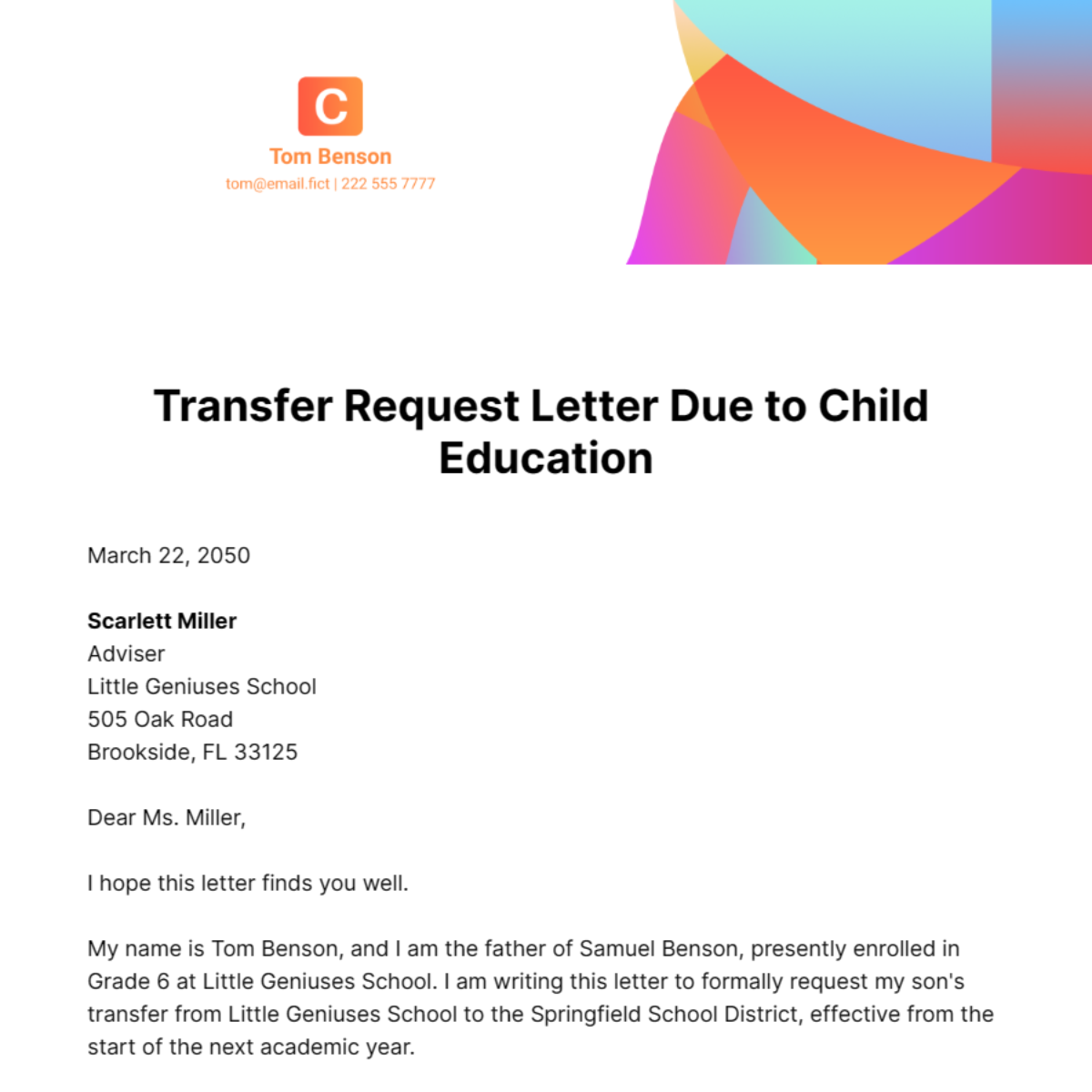 Transfer Request Letter Due to Child Education Template