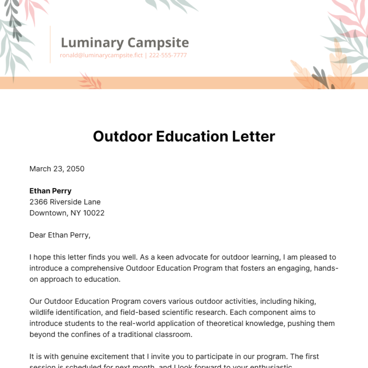 Outdoor Education Letter Template