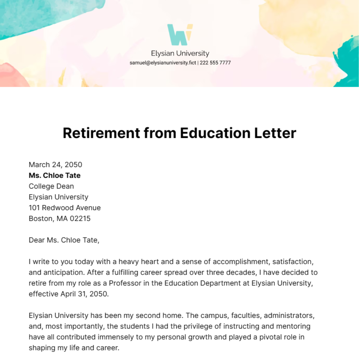 Retirement from Education Letter Template