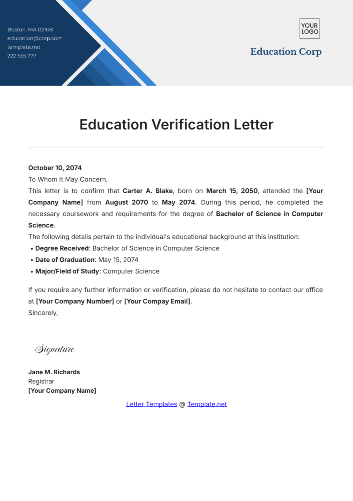 Education Verification Letter Template - Edit Online & Download