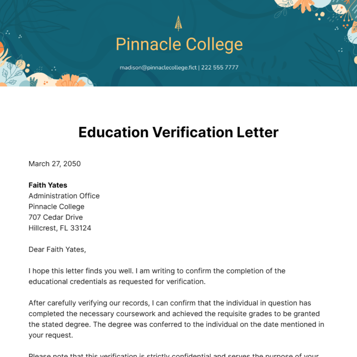Education Verification Letter  Template