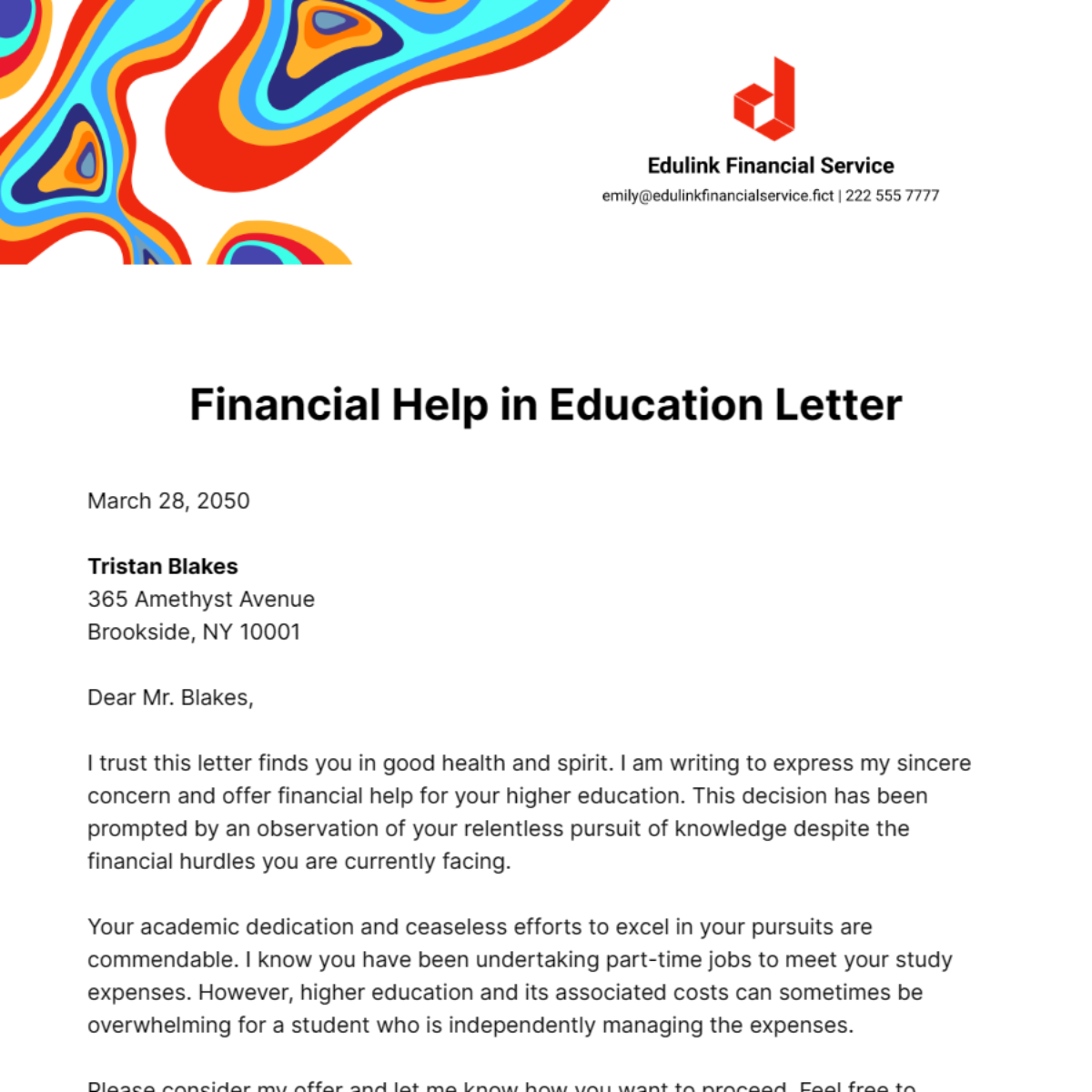 Financial Help in Education Letter Template