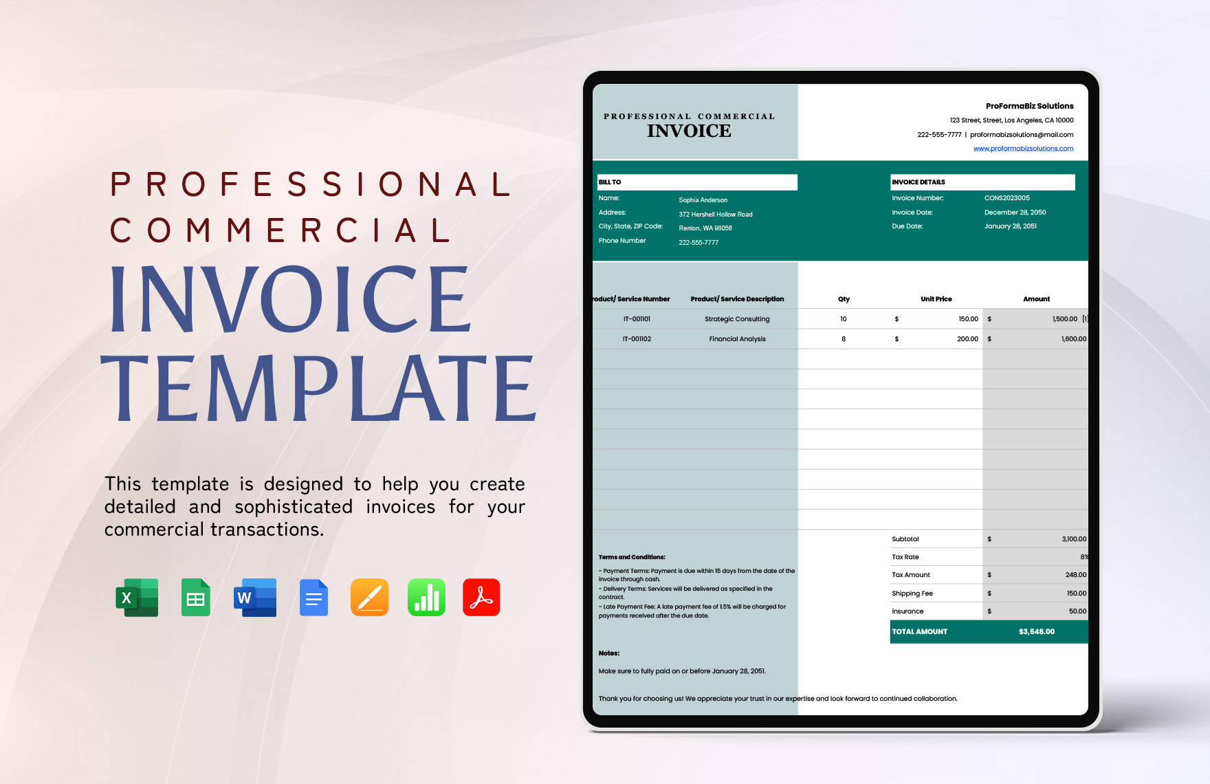 Professional Commercial Invoice Template in Excel, Google Sheets - Download | Template.net