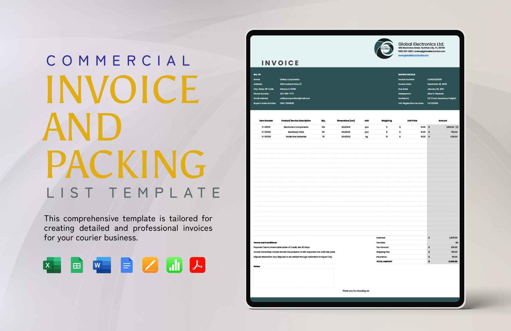 Commercial Invoice and Packing List Template in Excel, Google Sheets - Download | Template.net