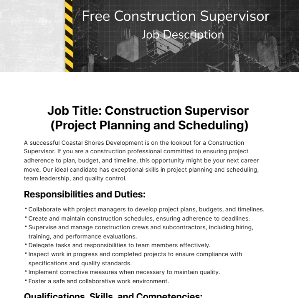 Construction Supervisor Job Description Template