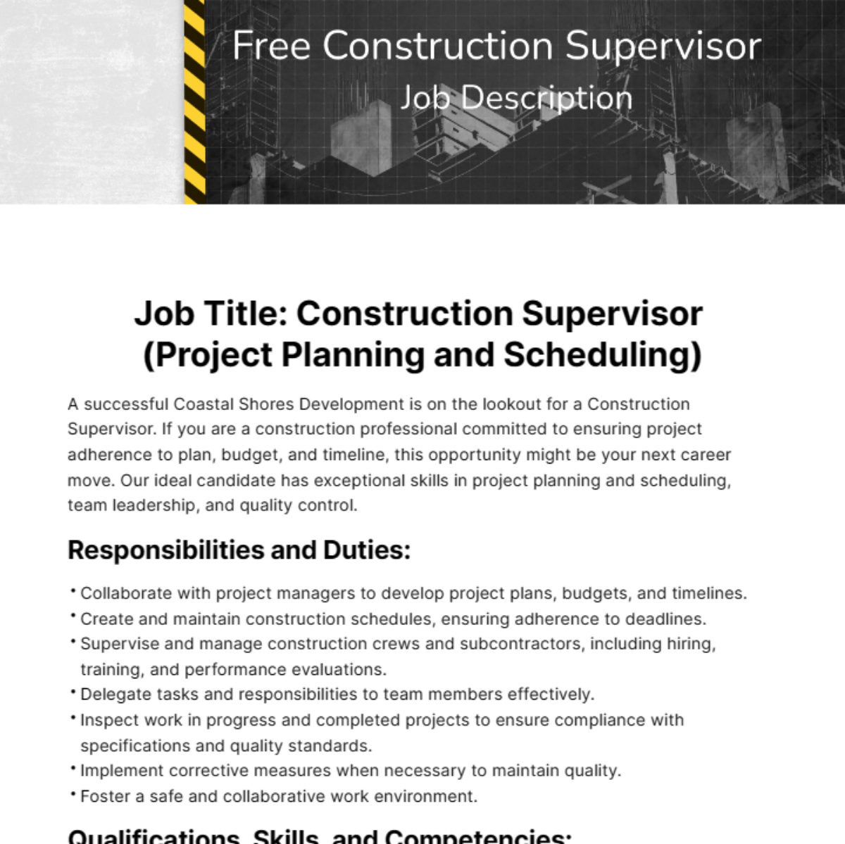 Construction Supervisor Job Description Template - Edit Online & Download