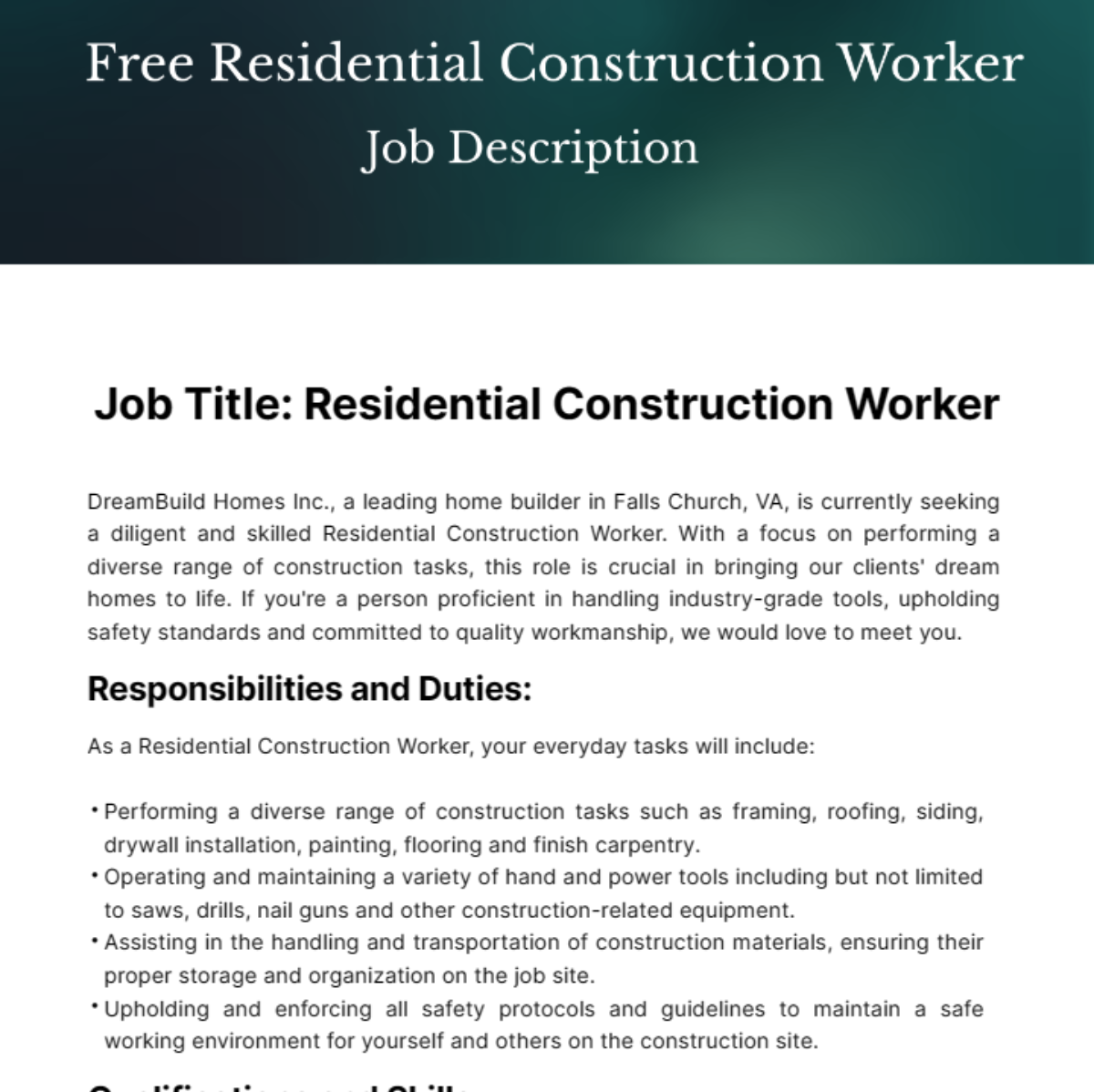 Residential Construction Worker Job Description Template