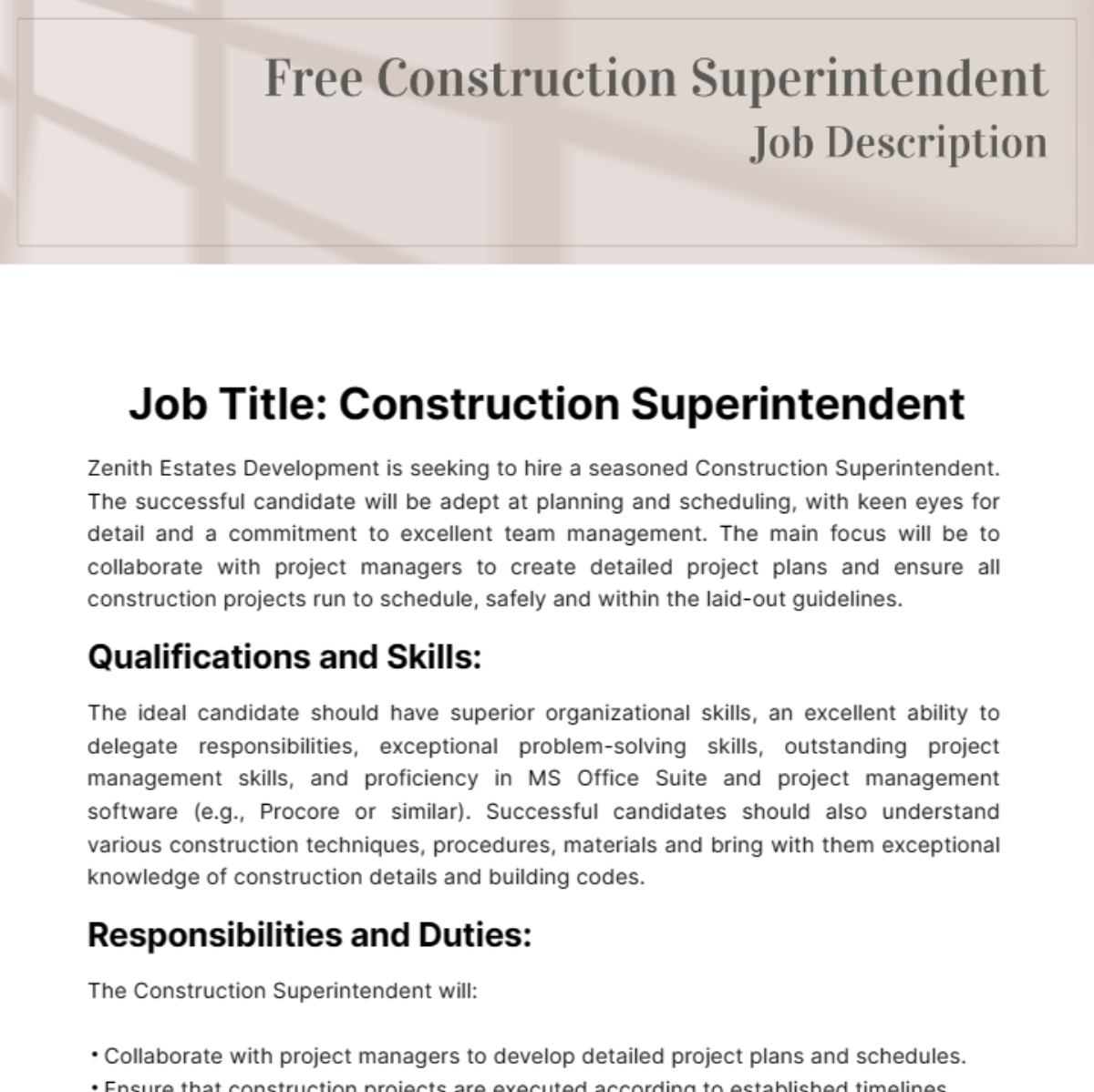 Free Construction Superintendent Job Description Template