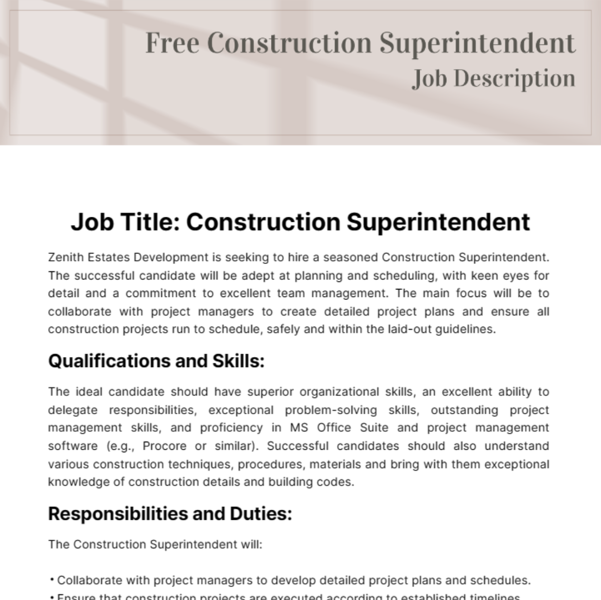 Free Construction Superintendent Job Description Template Edit Online 