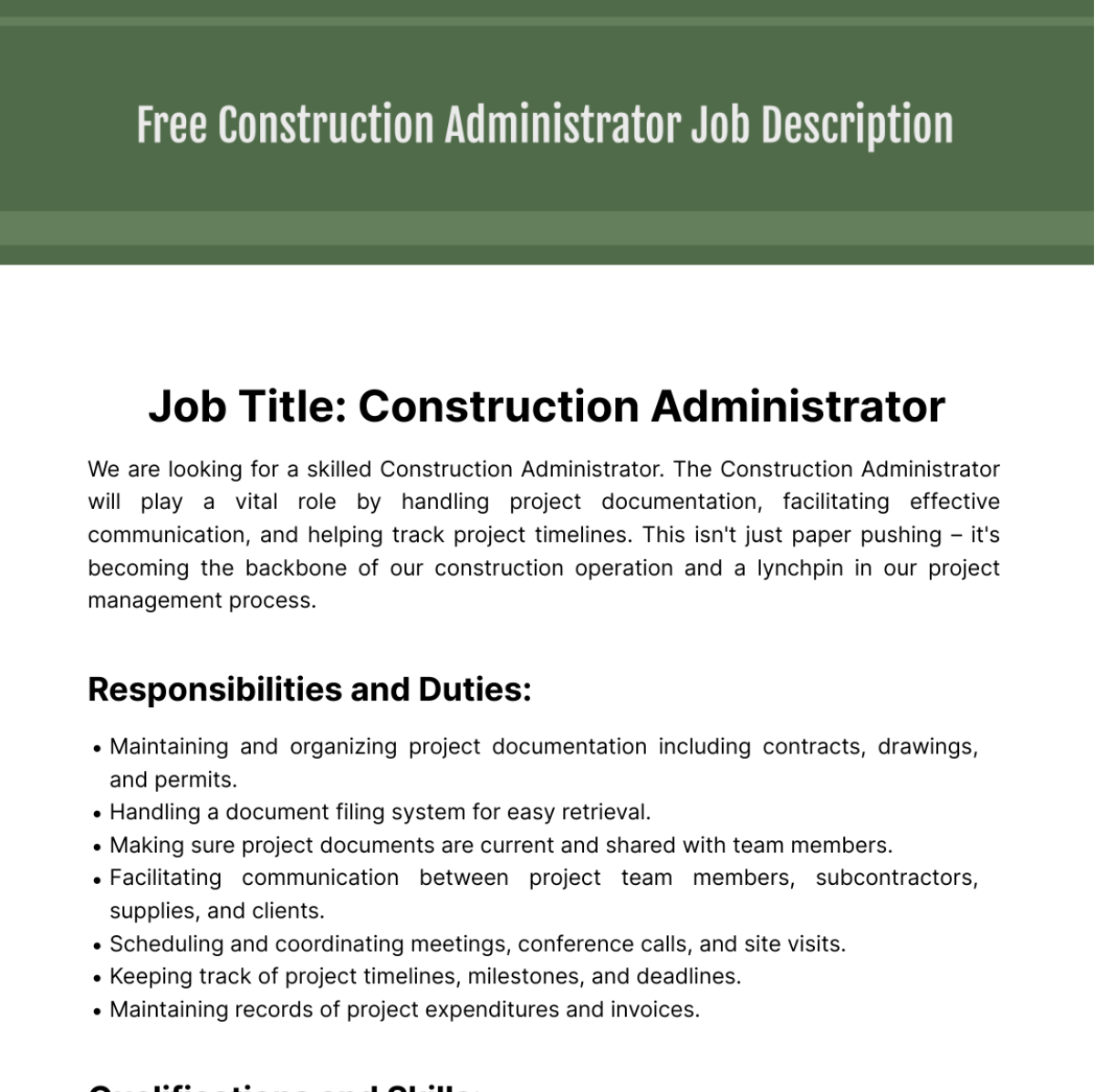 Free Construction Administrator Job Description Template