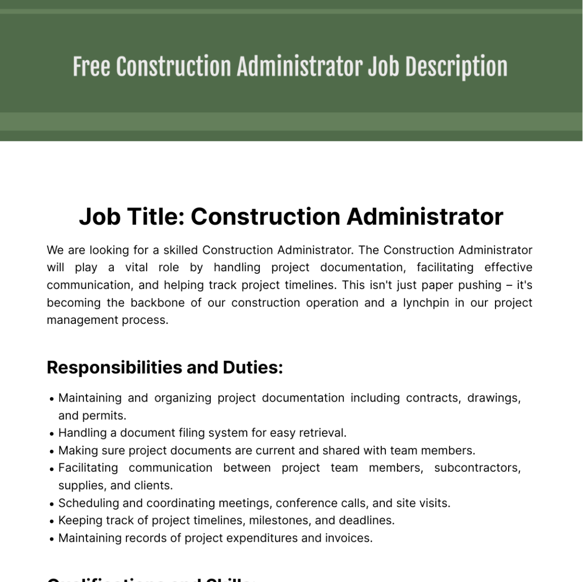 Construction Administrator Job Description Template - Edit Online & Download