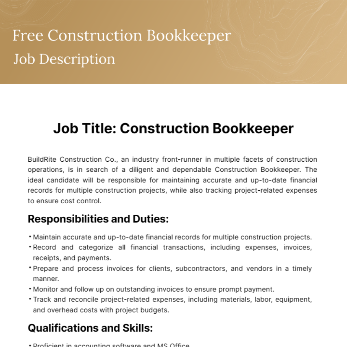 Free Construction Bookkeeper Job Description Template
