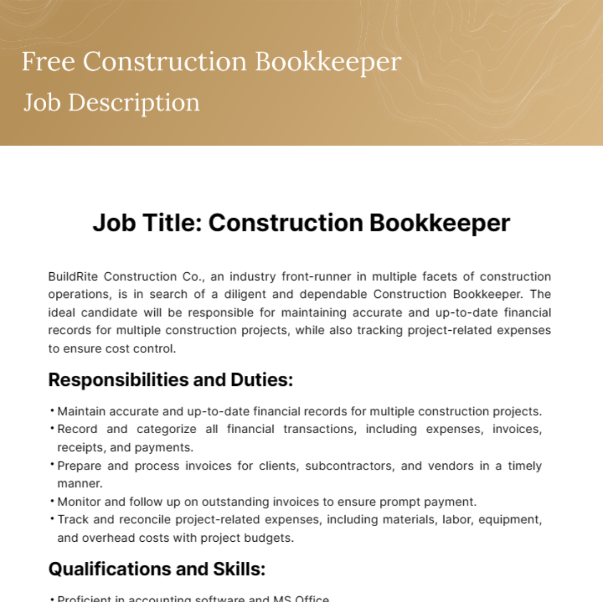 Construction Bookkeeper Job Description Template - Edit Online & Download