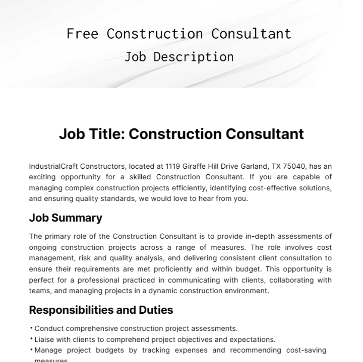 Free Construction Consultant Job Description Template