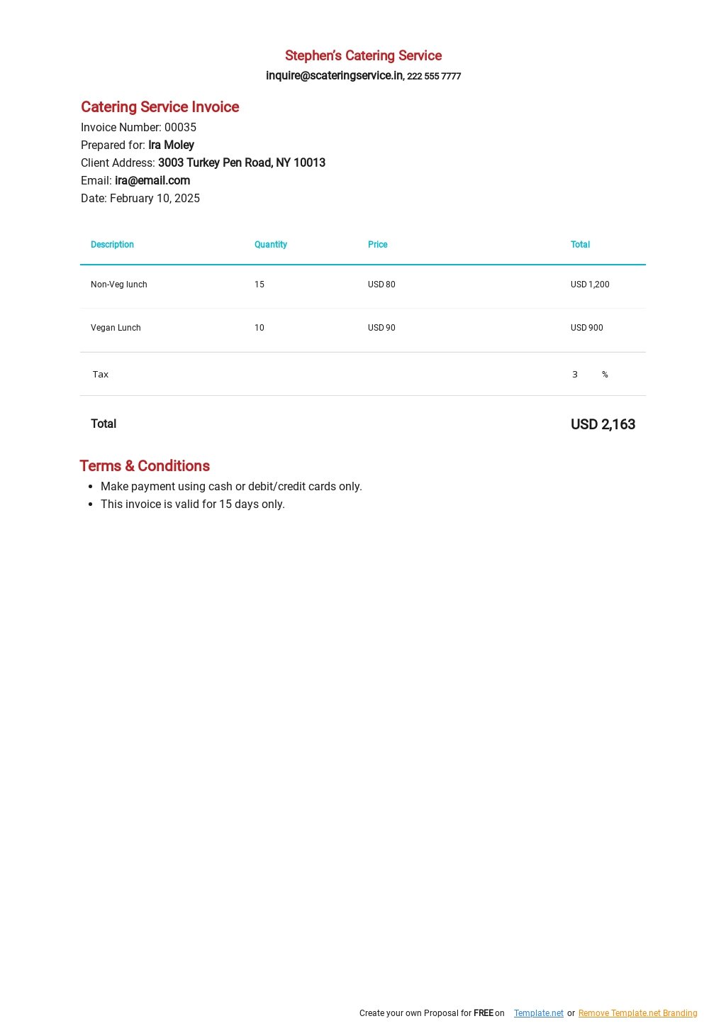 Editable Catering Service Invoice Template in Google Docs, Google