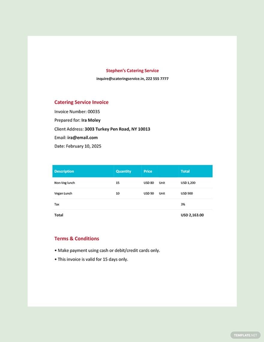 Editable Catering Service Invoice Template